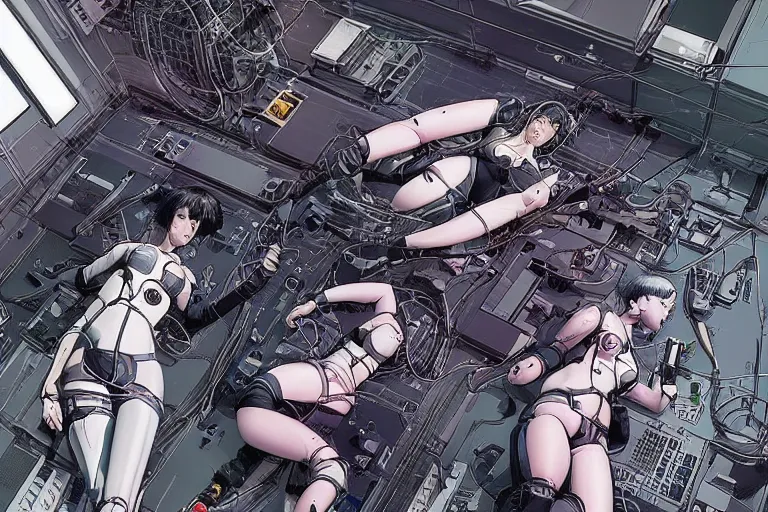 Image similar to a cyberpunk illustration of a group of three female androids in style of masamune shirow, lying on an empty, white floor with their bodies rotated in different poses and cables and wires coming out, by yukito kishiro and katsuhiro otomo, hyper-detailed, intricate, view from above