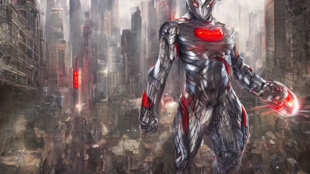 Image similar to ULTRAMAN standing in a city, fantasy artwork, award winning, mid-shot, hyper detailed, very very very beautiful!, studio lighting, artstation