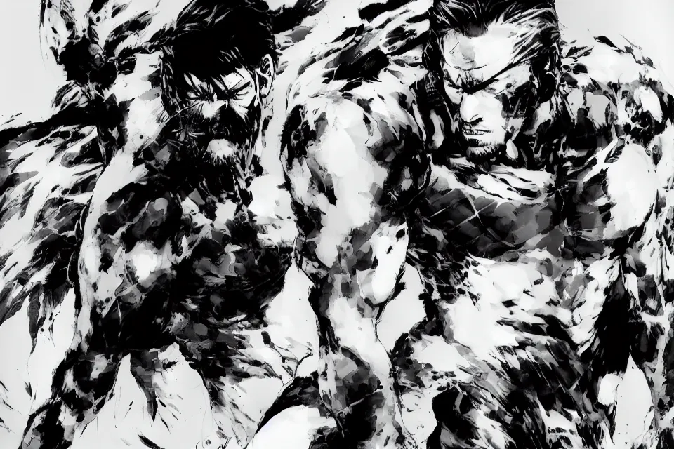 Image similar to a full - body portrait of shinzo abe, in yoji shinkawa's art style, metal gear solid art style highly detailed, 4 k, artistic, white background, b & w