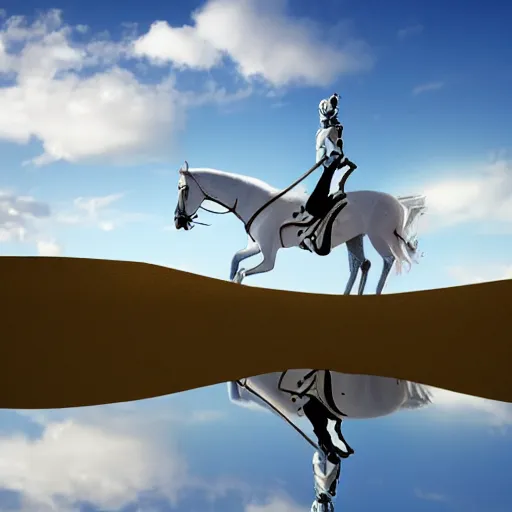 Image similar to A robot is riding a white horse in the blue sky