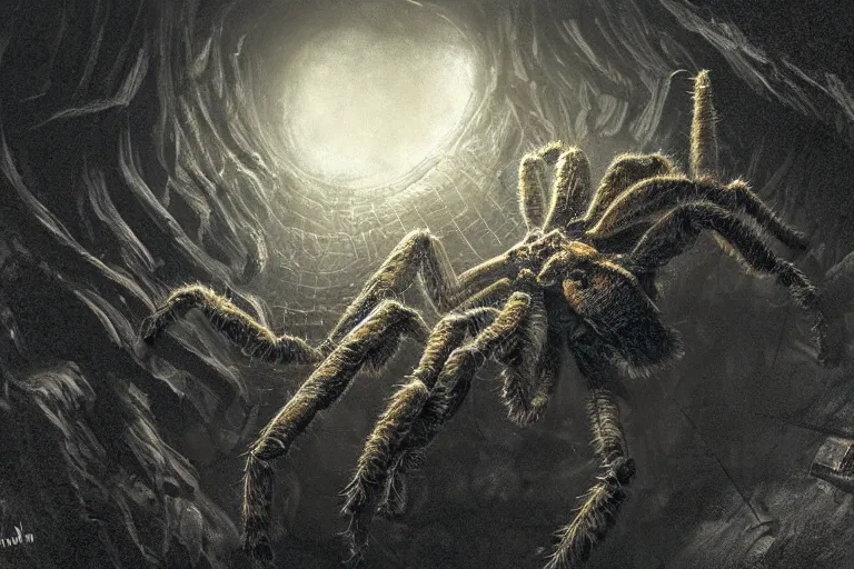 Prompt: a close - up view of a monstrous tarantula in a dark foreboding tunnel, with cobwebs, in the style of john howe, dramatic lighting, atmospheric, low angle, wide angle, hyper - realistic, concept art, highly detailed digital painting, trending on artstation