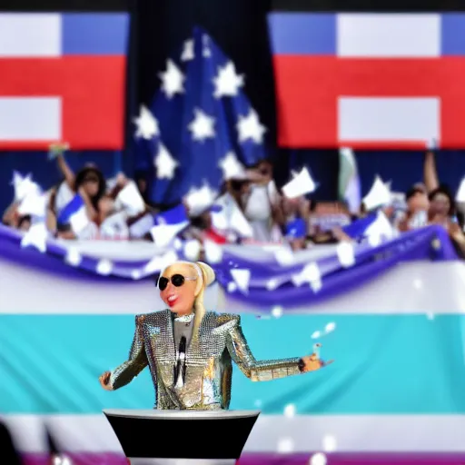 Image similar to Lady Gaga as president, Argentina presidential rally, Argentine flags behind, bokeh, giving a speech, detailed face, Argentina