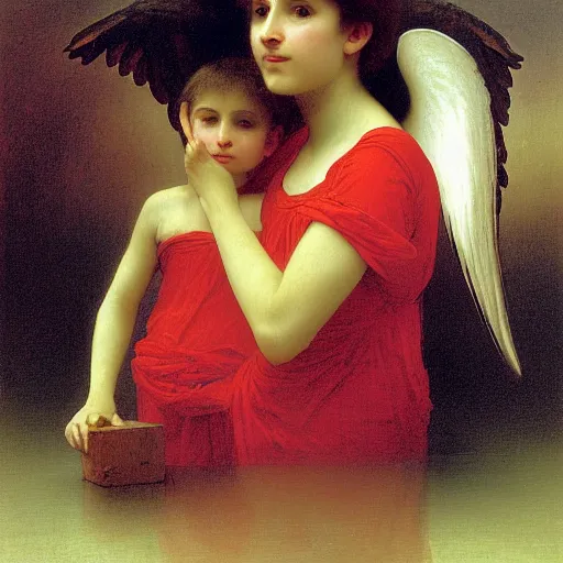 Image similar to Angel crying on top of a red ocean cube, oil painting by William-Adolphe Bouguereau