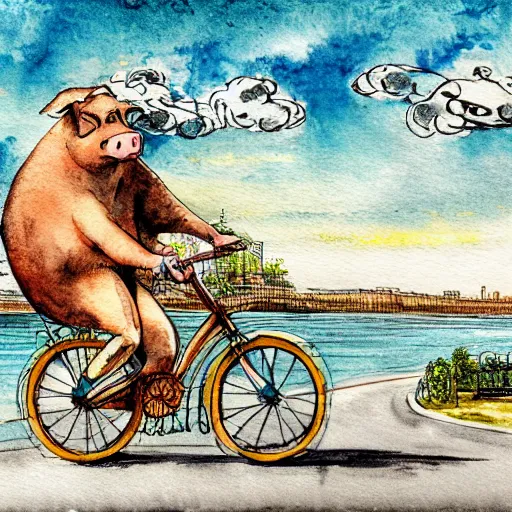 Image similar to a pig riding a bicycle on the road by the seaport,detailed watercolor pen ink illustration by bernini, key visual official media