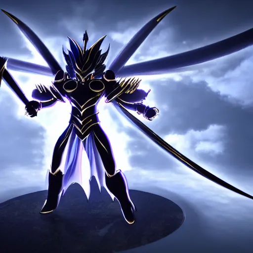 Image similar to full shot of angry darkness Saint Seiya knight at moonlight, wearing golden Cat armor, inspired by Masami Kurumada, detailed, unreal engine 4k volumetric light, fog,