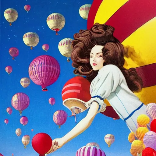 Prompt: a 3 d, hyperrealistic, octane rendered, detailed, cinematic, close up portrait of a detailed 1 9 7 6 woman with swirling hair. the woman is holding a giant balloon that looks like a glowing 3 d realistic moon with a face. a night sky filled with hot air balloons and swirling clouds by kuvshinov and bilibin, karol back