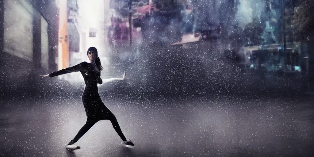 Image similar to slow motion with trail effect of futuristic break dancer wearing floating long dress, long exposure shot , at night in the middle of a rainy street, paddle of water, steam, fog, water splashes, rim lights, glossy reflections, water droplets on lens, octane render, dark and dramatic, explosion in the background, detailed and soft, fisheye