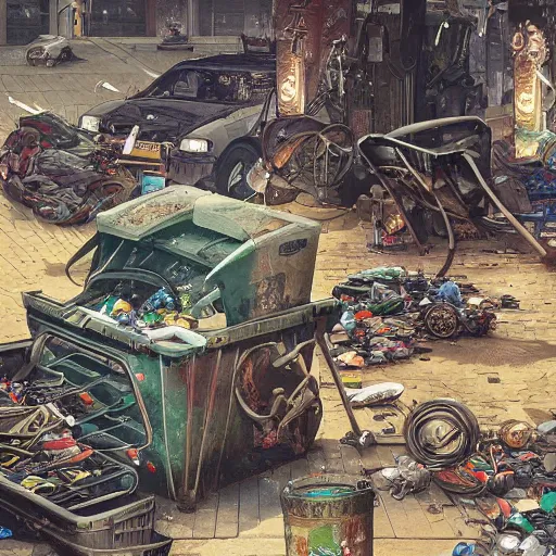 Image similar to trashcans and dumpsters + garbage, rotary symmetrical, dynamic lighting, darker intense, detailed, by bambang nurdianshyah, garis edelweiss, roby dwi antono and dan mumford, ayami kojima, takato yamamoto, barclay shaw, karol bak, yukito kishiro, norman rockwell