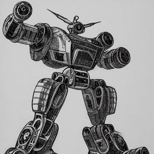Image similar to an intricate pencil drawing of a giant anime robot with rounded and circular parts