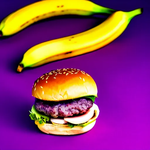 Image similar to a stock photo of a banana on a burger on a purple background, product photography, f 2. 4, bokeh effect, award winning