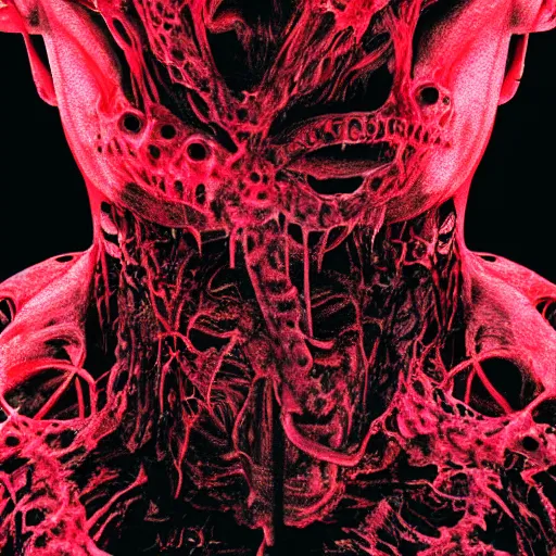 Image similar to octane render of a body horror humanoid, sharp dark shadows, black and red color palette by trevor henderson and junji ito