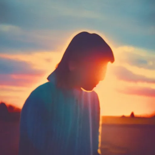 Image similar to instant photograph of a young person, looking to the camera, face only, polaroid, raw, beautiful, nostalgic, light leak, sunset, clouds, park