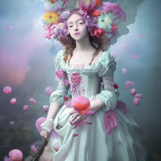 Image similar to 8 k, octane render, realism, tonalism, renaissance, rococo, baroque, portrait of a young - lady wearing long manga dress with flowers and skulls, cotton candy!! ( background chaotic flowers )