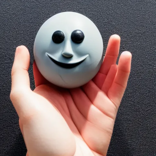 Prompt: photo of plastic painted toy figurine collectible grey moon with creepy smiling face with large craters with hands standing on legs in sneakers