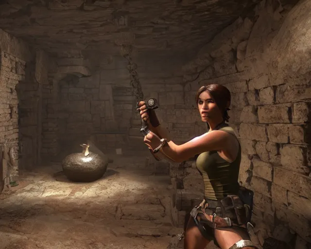 Prompt: screenshot of tomb raider and uncharted and indiana jones videogame ps 5 in an ancient undiscovered room with a chest full of ingots and gems and precious, concept art, architecture design, pyramids style, rtx, nvidia, renderer, stunning graphics