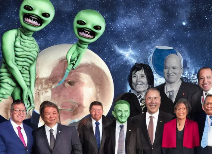 Prompt: a politician photo op with galactic aliens