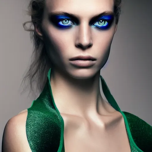 Image similar to photo of beautiful model with subtle green eye shadow, photo by annie leibovitz and mert and marcus, beauty campaign, photoshoot, closeup, real life skin, sharp focus