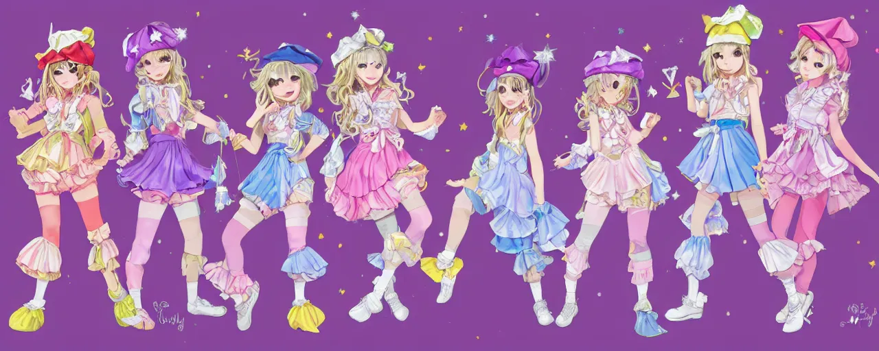 Prompt: A character sheet of full body cute magical girls with short blond hair wearing an oversized purple Beret, Purple overall shorts, Short Puffy pants made of silk, pointy jester shoes, a big billowy scarf, and white leggings. Rainbow accessories all over. Flowing fabric. Ruffles and Bows. Petticoat. Covered in stars. Short Hair. Art by Johannes Helgeson and william-adolphe bouguereau and Paul Delaroche and Alexandre Cabanel and Lawrence Alma-Tadema and WLOP and Artgerm. Fashion Photography. Decora Fashion. harajuku street fashion. Kawaii Design. Intricate, elegant, Highly Detailed. Smooth, Sharp Focus, Illustration Photo real. realistic. Hyper Realistic. Sunlit. Moonlight. Dreamlike. Fantasy Concept Art. Surrounded by clouds. 4K. UHD. Denoise.