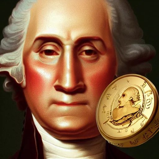 Image similar to a closeup photorealistic photograph of a happy George Washington inspecting small gold Doubloon coins at his home on Cherry Street. This 4K HD image is Trending on Artstation, featured on Behance, well-rendered, extra crisp, features intricate detail and the style of Unreal Engine.