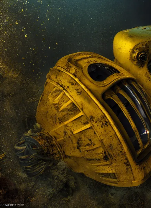 Image similar to a photorealistic dramatic hyperrealistic underwater render of an deep sea submersible, ultra realistic details, glossy yellow, well worn, rust, oil stains by vitaly bulgarov and mike nash, beautiful dramatic dark moody tones and lighting, cinematic atmosphere, global illumination, shadows, dark background, octane render, 8 k