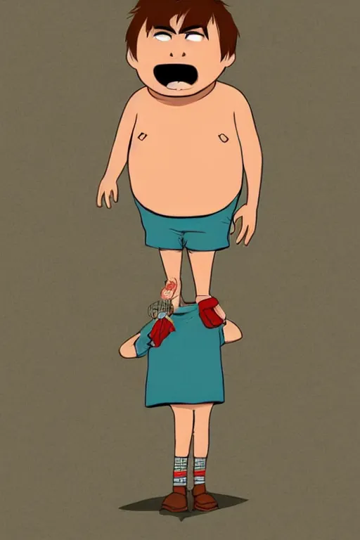 Image similar to Full body portrait of a short!, overweight!! teenage boy, medium length brown hair and fringe, eyes half closed, mouth open, not intelligent, standing in road, cartoon by Jamie Hewlett, cel shaded, Trending artstation, deviantart, digital art