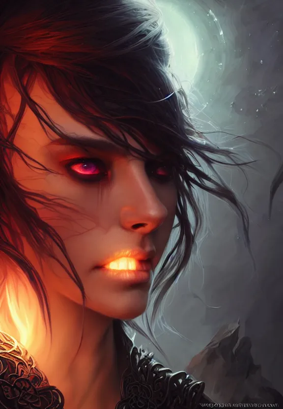 Image similar to Necromancer Sorceress face close-up macro in center, fantasy magic, undercut hairstyle, dark light night, intricate, elegant, sharp focus, illustration, highly detailed, digital painting, concept art, matte, art by WLOP and Artgerm and Greg Rutkowski and Alphonse Mucha, masterpiece