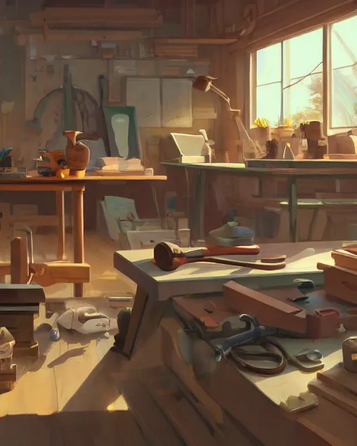 Image similar to tools on working table at woodworker shop, detailed, cory loftis, james gilleard, atey ghailan, makoto shinkai, goro fujita, studio ghibli, rim light, exquisite lighting, clear focus, very coherent, plain background, soft painting