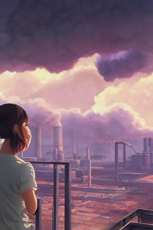 Image similar to a highly detailed matte painting of a girl watching nuclear power plant fire by studio ghibli, makoto shinkai, by artgerm, by wlop, by greg rutkowski, volumetric lighting, octane render, 4 k resolution, trending on artstation, masterpiece