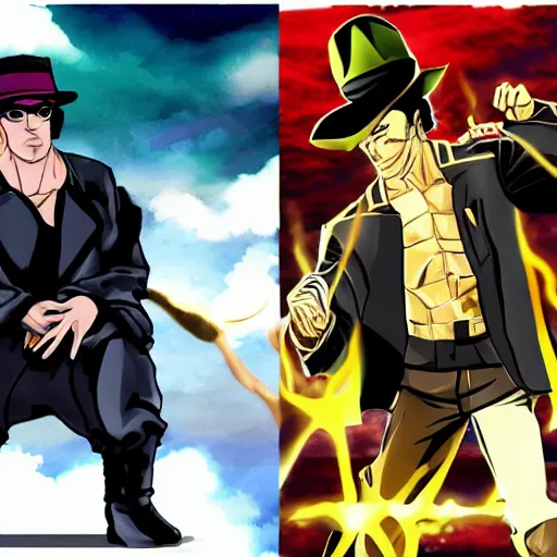 Prompt: kanye west vs ezra miller as jotaro vs dio, jojo, hd, anime art, jojo style