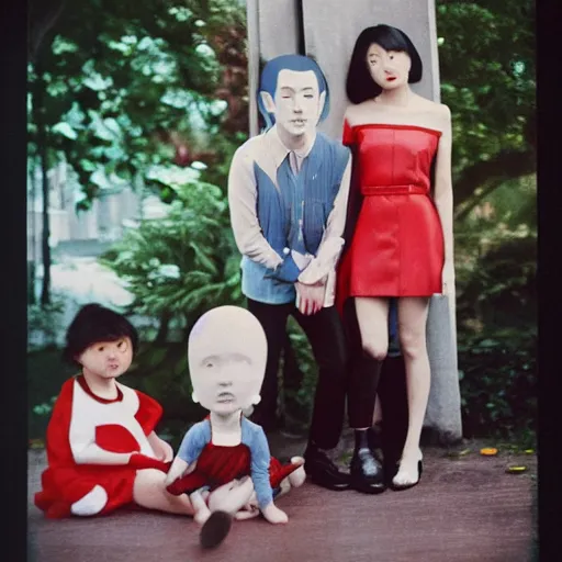 Image similar to photoshoot of friendly cyclops lookbook in Tokyo, color film photography, portrait of a beautiful family in style of Doisneau, 35mm, ektachrome