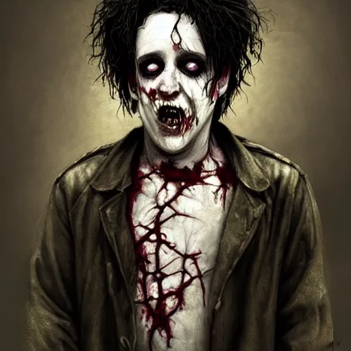 Image similar to young and innocent robert smith as a zombie looking cute and shy, 7 days to die zombie, fine art, award winning, intricate, elegant, sharp focus, cinematic lighting, highly detailed, digital painting, 8 k concept art, art by z. w. gu, art by brom, art by michael hussar, masterpiece, 8 k