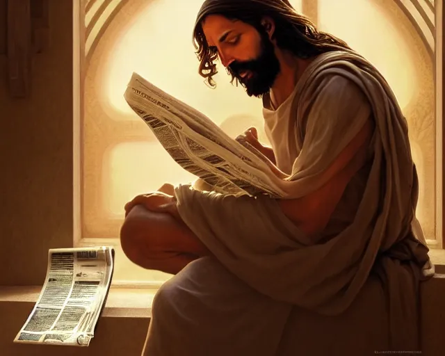 Image similar to photography of jesus christ sitting a toilet reading newspaper about terrorists, deep focus, d & d, fantasy, intricate, elegant, highly detailed, simple background, digital painting, artstation, concept art, matte, sharp focus, illustration, hearthstone, art by artgerm and greg rutkowski and alphonse mucha