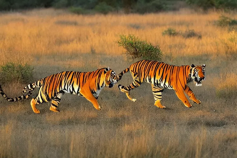 Prompt: tiger in the left, antelope in the right, the antelope is chasing the tiger, golden hour, 6 0 0 mm, wildlife photo, national geographics