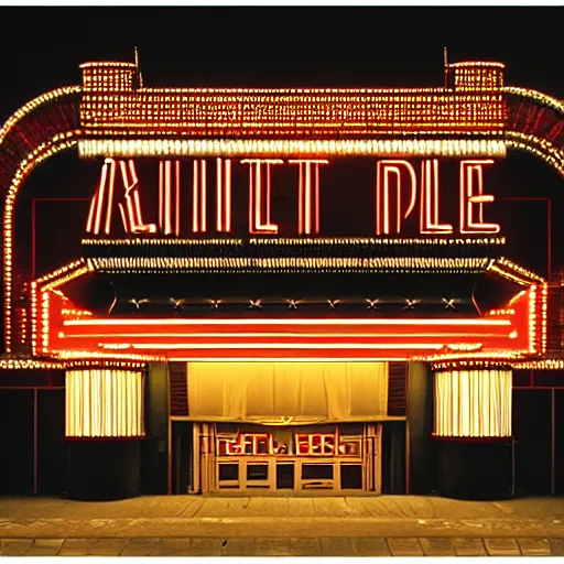 Prompt: art deco movie theater palace at night, dramatic light