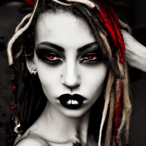 Prompt: photography flawless beautiful instagram female with blonde and red dreadlocks in a black ballgown, dark, piercing eyes, exotic expression, esoteric clothing, photorealistic, highly detailed, mysterious lighting, smooth, sharp focus, 8 0 mm camera