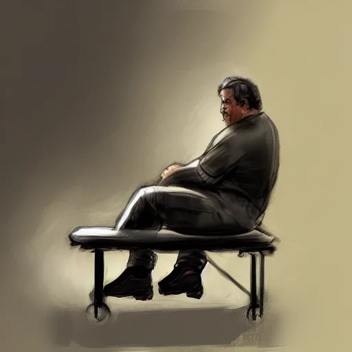 Prompt: pensive pablo escobar seating on a bench waiting, digital painting, artstation, concept art, sharp focus, illustration, portrait