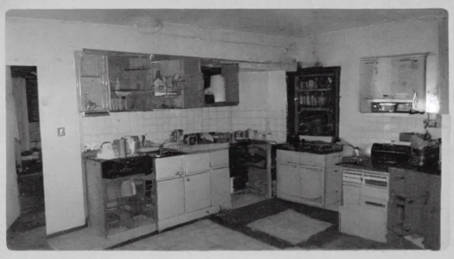 Prompt: a ai in a stalinist style kitchen, by mini dv camera, very very low quality, heavy grain, very blurry, accidental flash, webcam footage, found footage, security cam, caught on trail cam