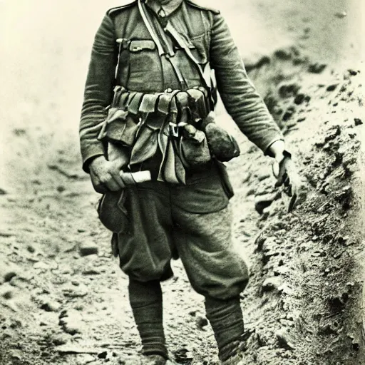 Prompt: Kurdish soldier, ww1 trench, war photo, film grain, award winning photo
