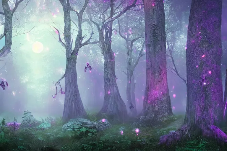 Image similar to ancient magical forest, tall purple and pink trees, moonlit, winding path lined with bioluminescent mushrooms, fireflies, pale blue fog, mysterious, eyes in the trees, cinematic lighting, photorealism