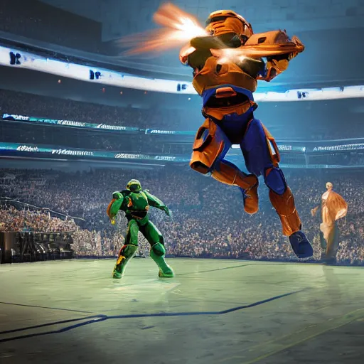 Image similar to master chief slam dunking on a halo grunt, NBA stadium, detailed 8K render