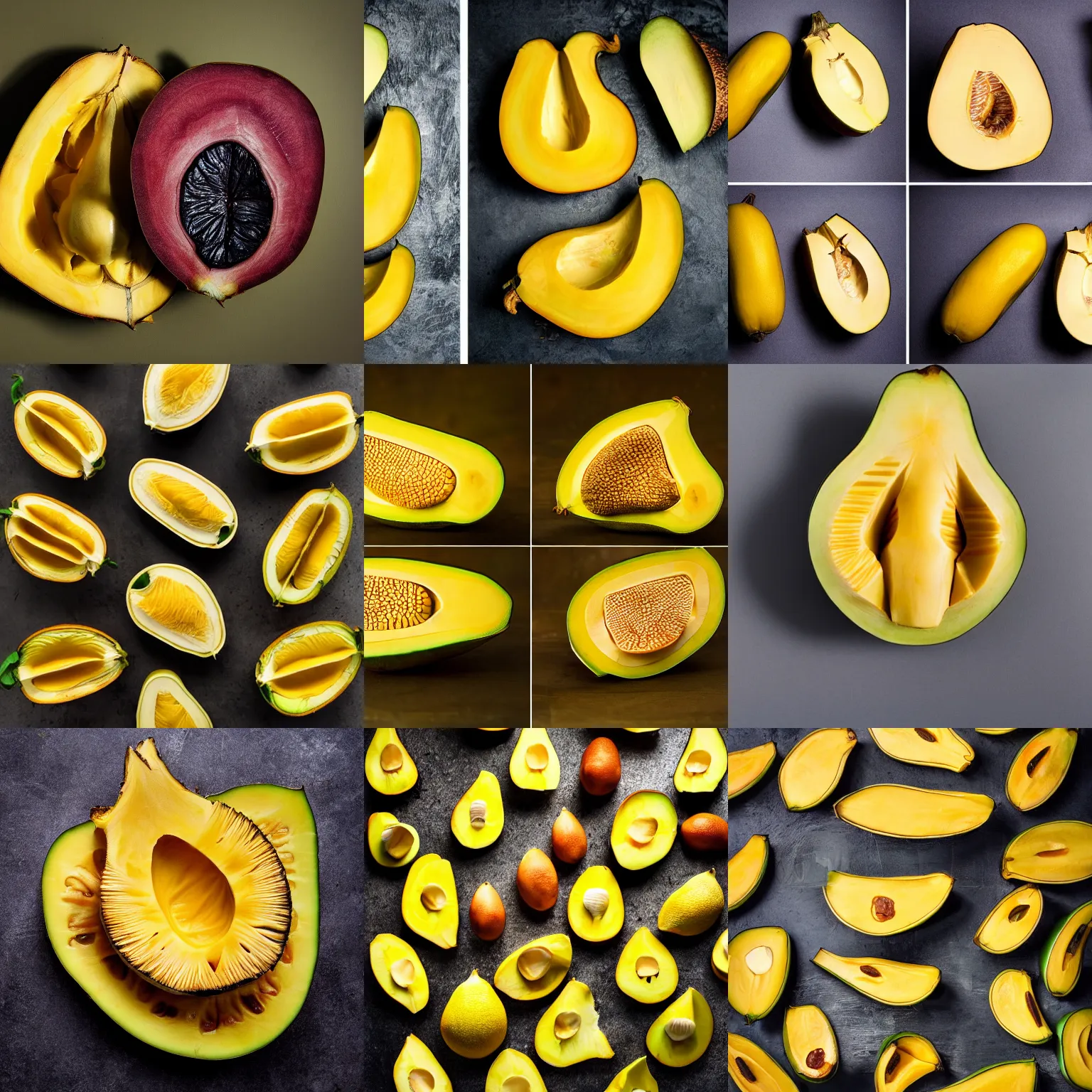 Prompt: jackfruit in the shape of samuel l jackson face, symmetrical, food photography, studio lighting