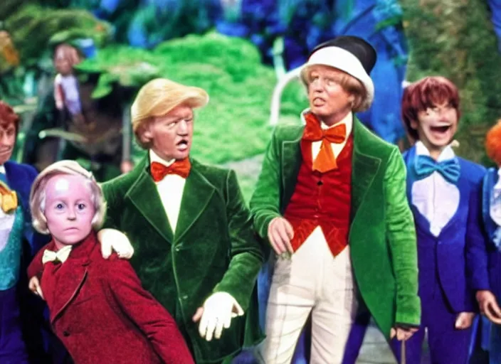 Image similar to film still of Donald Trump as Peter Pan in Willy Wonka's and the Chocolate Factory 1971