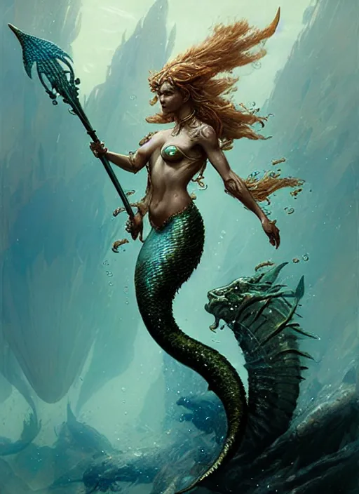 Image similar to a fierce mermaid warrior under water, fantasy character portrait, ultra realistic, concept art, intricate details, highly detailed by greg rutkowski, gaston bussiere, craig mullins, simon bisley