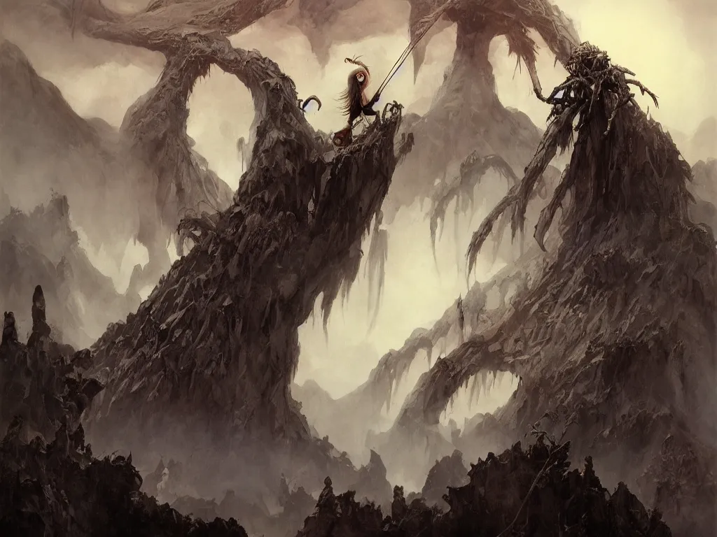 Image similar to An epic fantasy style portrait painting of a hideous woman with giant spider legs and hair needles crawling out of a volcano, illustration, detailed, award-winning, trending on artstation, 4k by Frank Frazetta, by Bayard Wu, by John Bauer, by H.R. Giger
