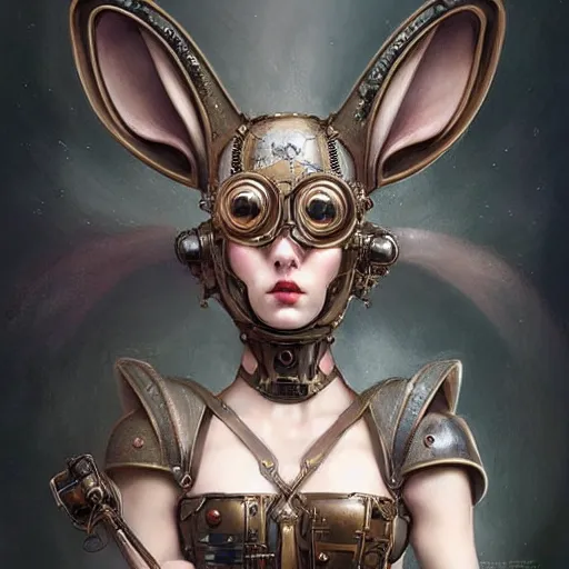 Prompt: tom bagshaw, curiosities carnival, soft paint of a single beautiful kawai cyber rabbit - ear helm female in a full steampunk armor, symmetry accurate features, focus, very intricate ultrafine details, award winning masterpiece