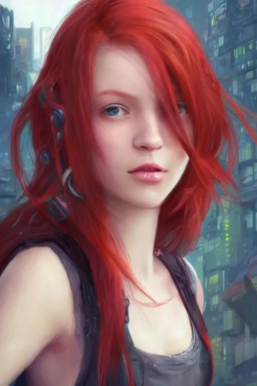 Prompt: beautiful cute red haired joyful and playful nineteen year old young girl standing up, casual green clothing, long hair, cyberpunk city, attractive face, rpg character, sci - fi, fantasy, intricate, elegant, digital painting, artstation, concept art, smooth, 8 k frostbite 3 engine, ultra detailed, art by artgerm and greg rutkowski and magali villeneuve