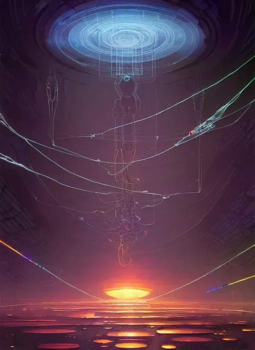 Prompt: high depth, collective civilization diversity, calm, healing, resting, life, hybrids, scifi, glowing lights!!, published concept art, mixed medias, image overlays, sharp focus, thin glowing wires, winning illustration, art by greg rutkowski and alphonse mucha, singularity!!!, 3 6 0 projection