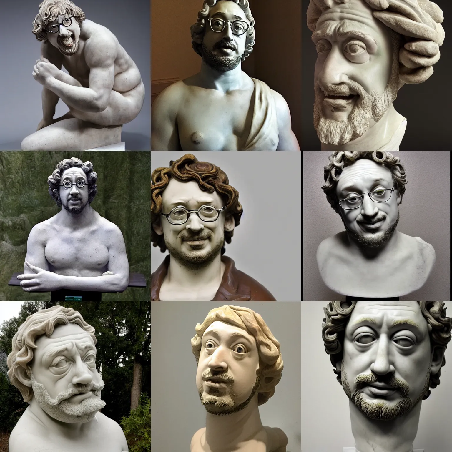 Prompt: marble sculpture of comedian Sam Hyde by Michelangelo