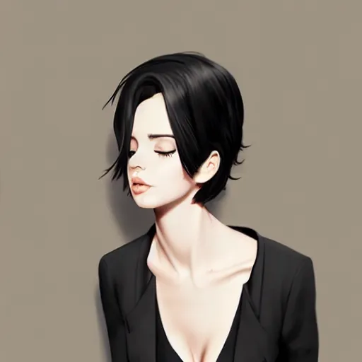 Image similar to slim girl in tuxedo with short black hair, elegant, 2d, ultra highly detailed, digital painting, smooth, sharp focus, artstation, art by Ilya Kuvshinov