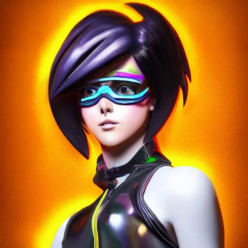 Image similar to portrait bust digital artwork of tracer overwatch, wearing iridescent rainbow latex and leather straps catsuit outfit, neon makeup, in style of mark arian, angel wings, wearing detailed leather collar, chains, black leather harness, detailed face and eyes,
